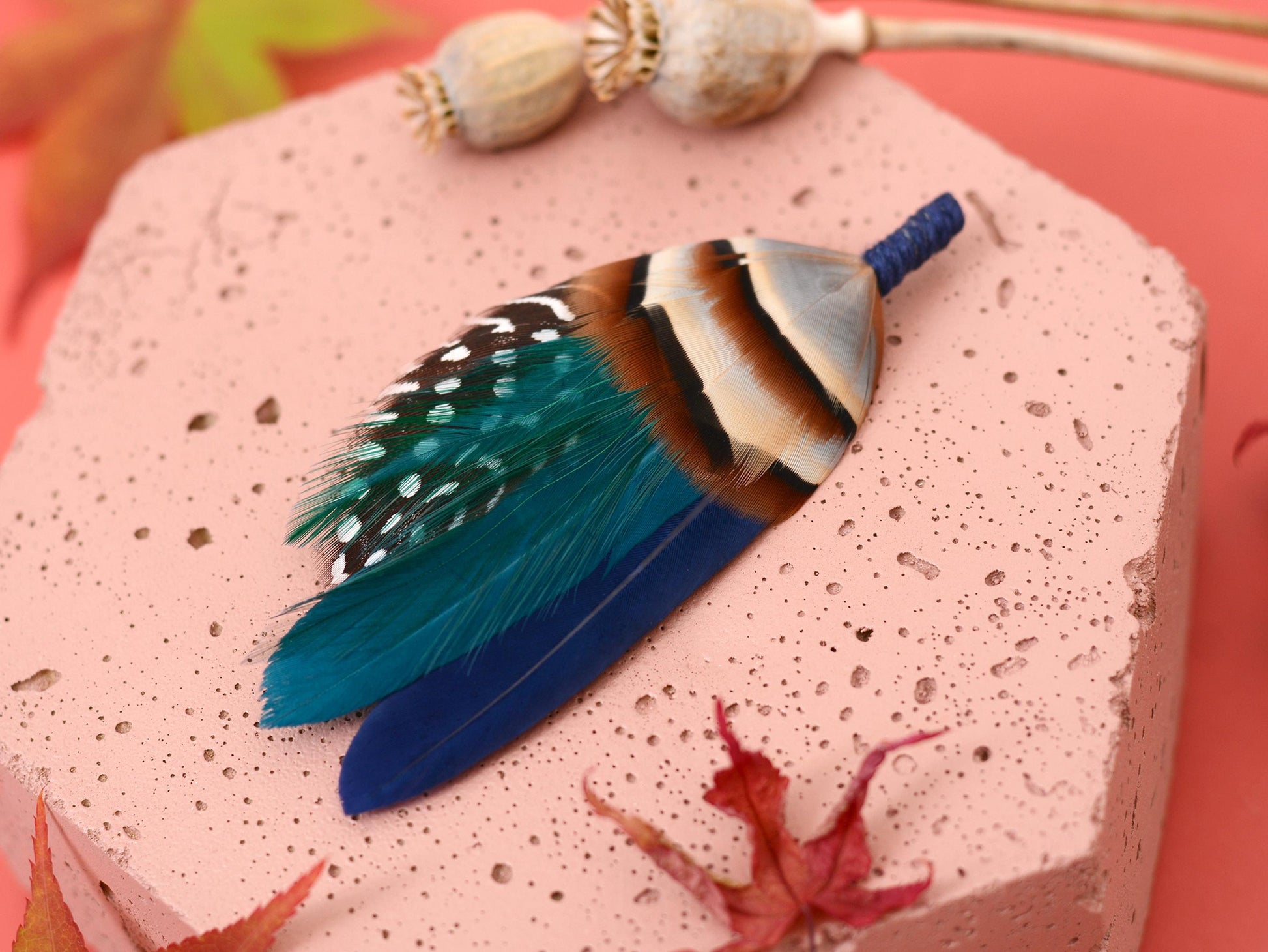 Navy Blue and Teal Feather Boutonniere | Duck Feather Hat Pin