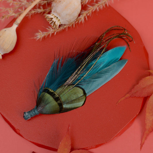 Shades of Teal Feather Pin | Duck Feather Boutonniere | Pheasant Feather Brooch | Feather Hat Pin
