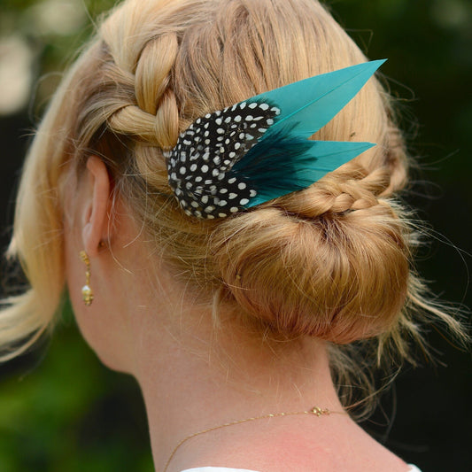 Teal Turquoise Feather Hair Clip with Spotted Feathers, Teal Feather Fascinator