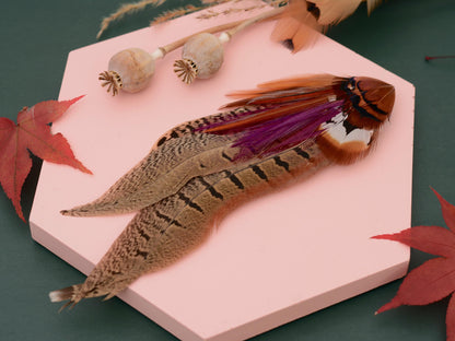Plum and Copper Pheasant Feather Hat Pin / Lapel Pin No.119 | Unique Feather Boutonniere | Pheasant Feather Brooch