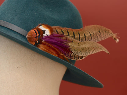Plum and Copper Pheasant Feather Hat Pin / Lapel Pin No.119 | Unique Feather Boutonniere | Pheasant Feather Brooch