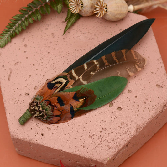 Pheasant and Duck Feather Hat Pin / Brooch in bottle Green and Copper No.272 | Unique Pheasant Feather Boutonniere | Feather Brooch