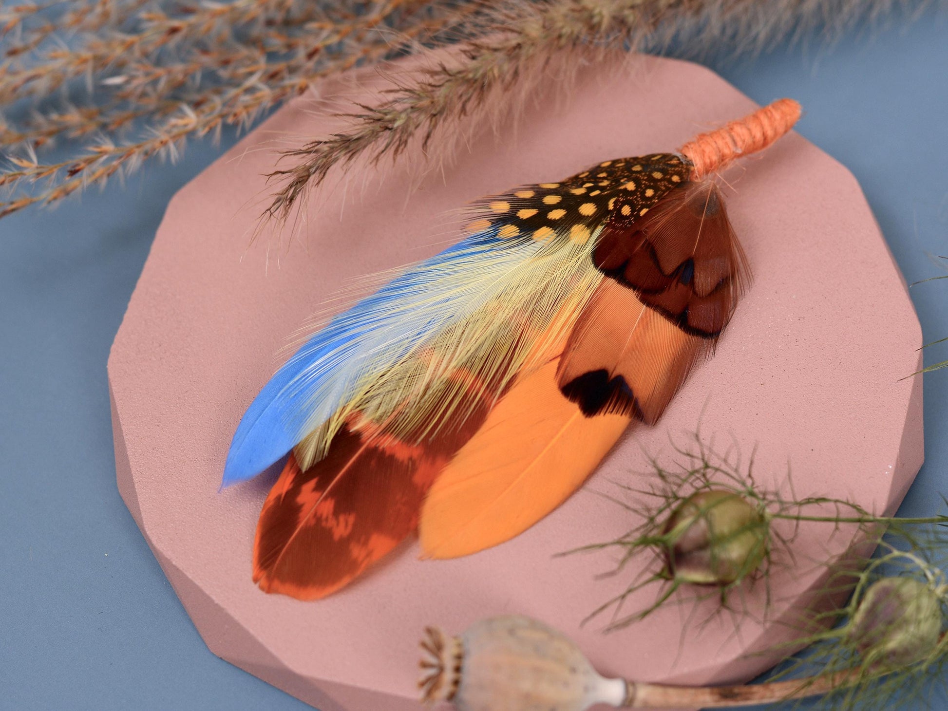Sky Blue, Mustard Yellow, Orange and Pheasant Feather Lapel Pin | Pheasant Feather Boutonniere | Feather Brooch | Feather Hat Pin