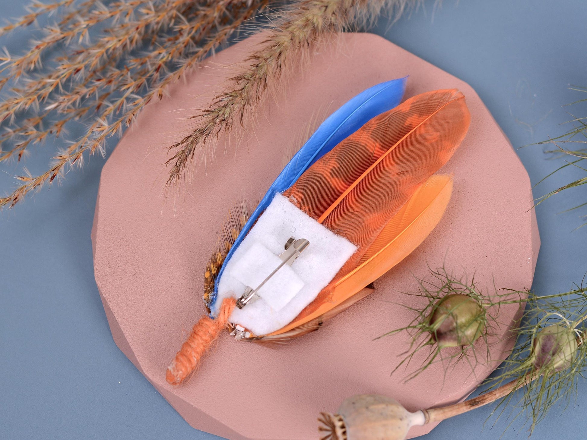 Sky Blue, Mustard Yellow, Orange and Pheasant Feather Lapel Pin | Pheasant Feather Boutonniere | Feather Brooch | Feather Hat Pin