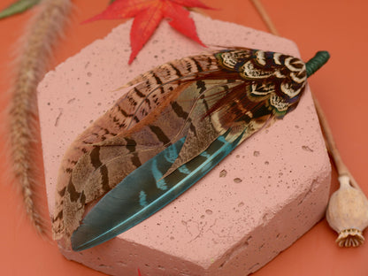 Pheasant Feather Hat Pin in Green and Browns No.300 | Unique Pheasant Feather Boutonniere | Feather Brooch