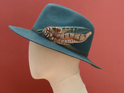 Pheasant Feather Hat Pin in Green and Browns No.300 | Unique Pheasant Feather Boutonniere | Feather Brooch
