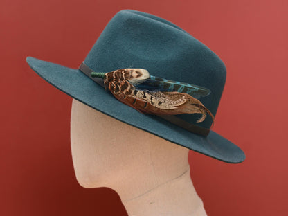 Feather Brooch Hat Pin in Natural Pheasant and Green No.302 | Unique Pheasant Feather Boutonniere