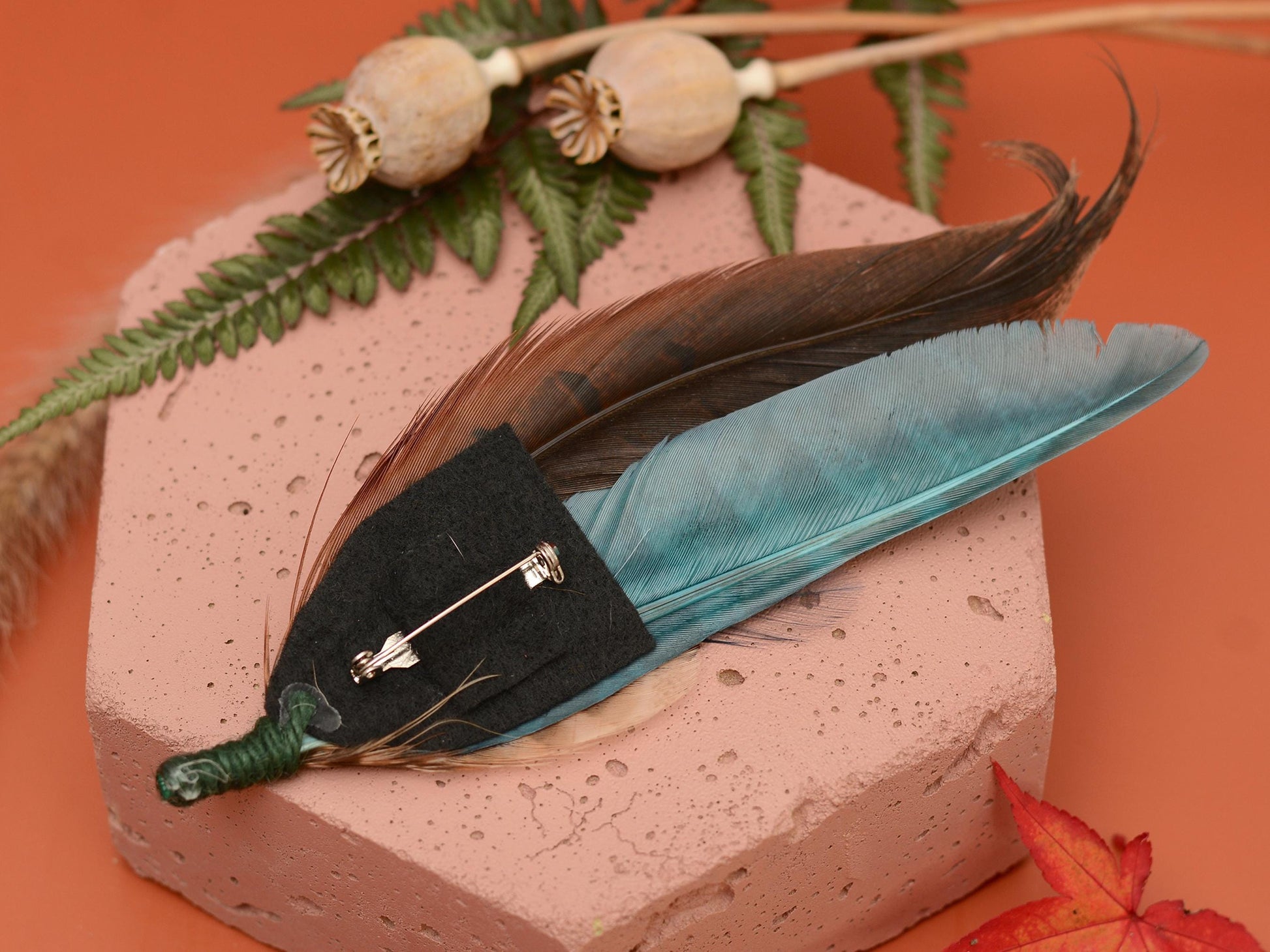 Feather Brooch Hat Pin in Natural Pheasant and Green No.302 | Unique Pheasant Feather Boutonniere