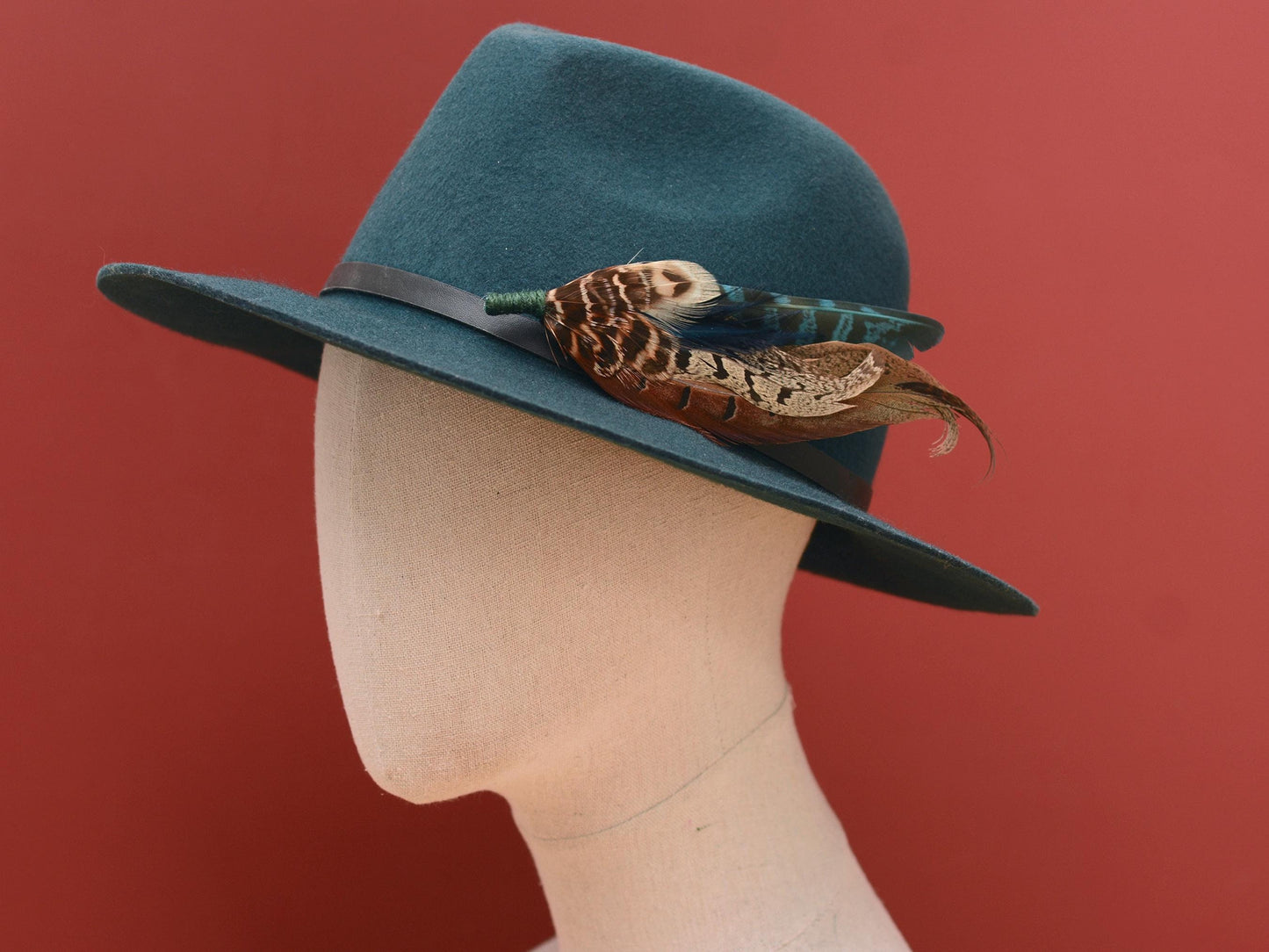 Feather Brooch Hat Pin in Natural Pheasant and Green No.302 | Unique Pheasant Feather Boutonniere