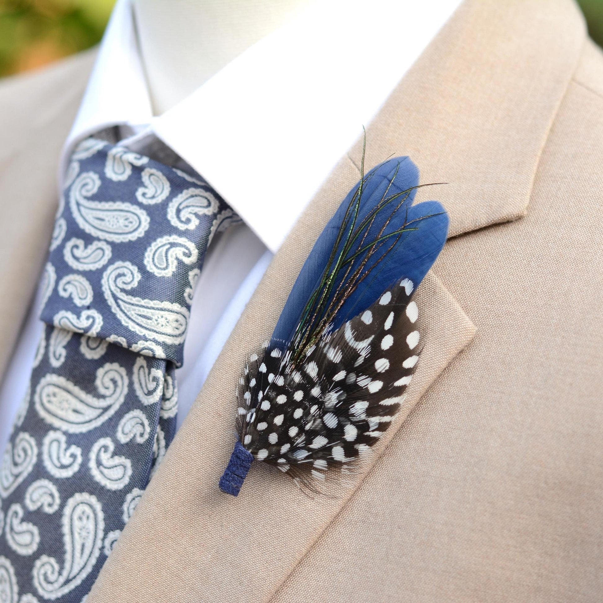 Navy Blue and Spotted Feather Boutonniere | Feather Brooch | Feather Hat Pin | Feather Corsage