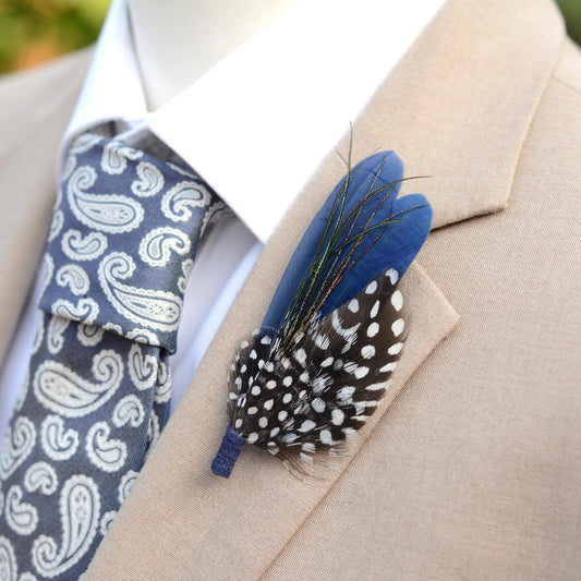 Navy Blue and Spotted Feather Boutonniere | Feather Brooch | Feather Hat Pin | Feather Corsage