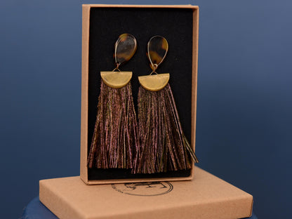 Gatsby - Peacock Feather Tassel Earrings in Tortoiseshell Acetate and Shimmering Green | Feather Jewellery | Statement Earrings