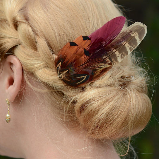 Pheasant Feather Hair Clip in Copper and Plum | Plum and Pheasant Feather Fascinator | Feather Headpiece | Bridesmaid Hair Clip | Wedding