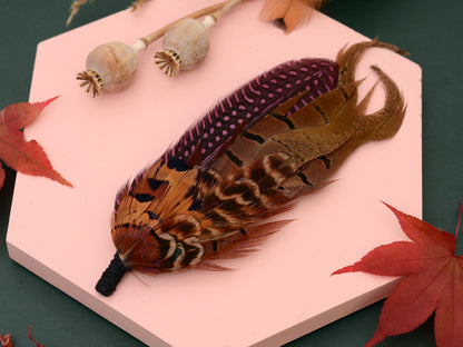 Large Feather Hat Pin in Plum Purple and Copper Pheasant No.307 Unique Pheasant Feather Boutonniere