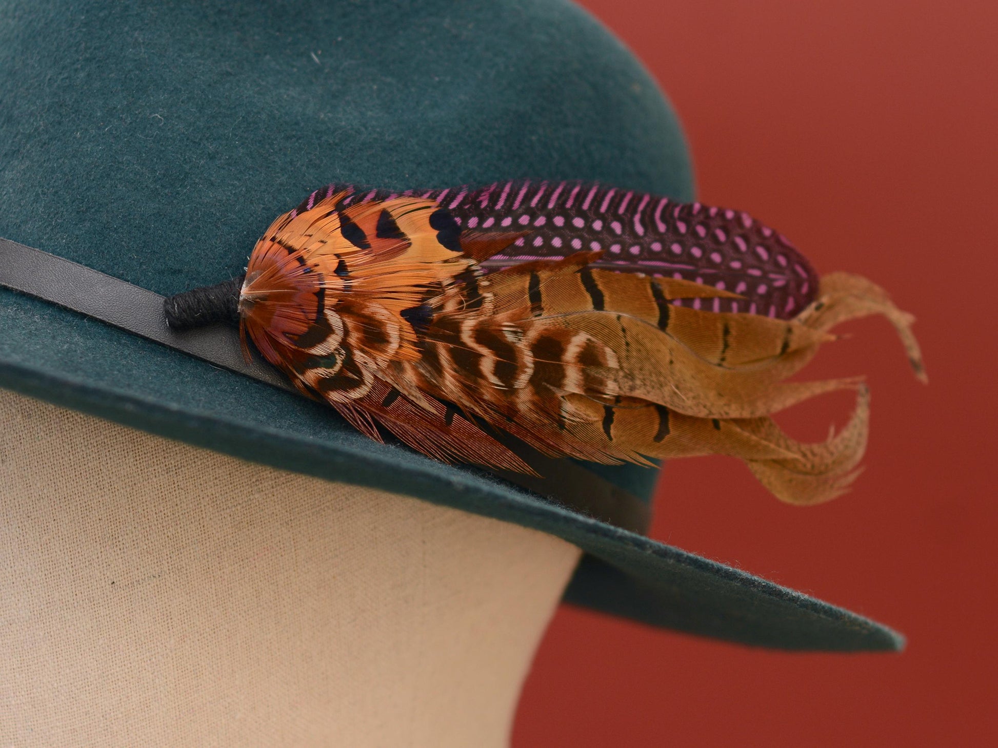 Large Feather Hat Pin in Plum Purple and Copper Pheasant No.307 Unique Pheasant Feather Boutonniere