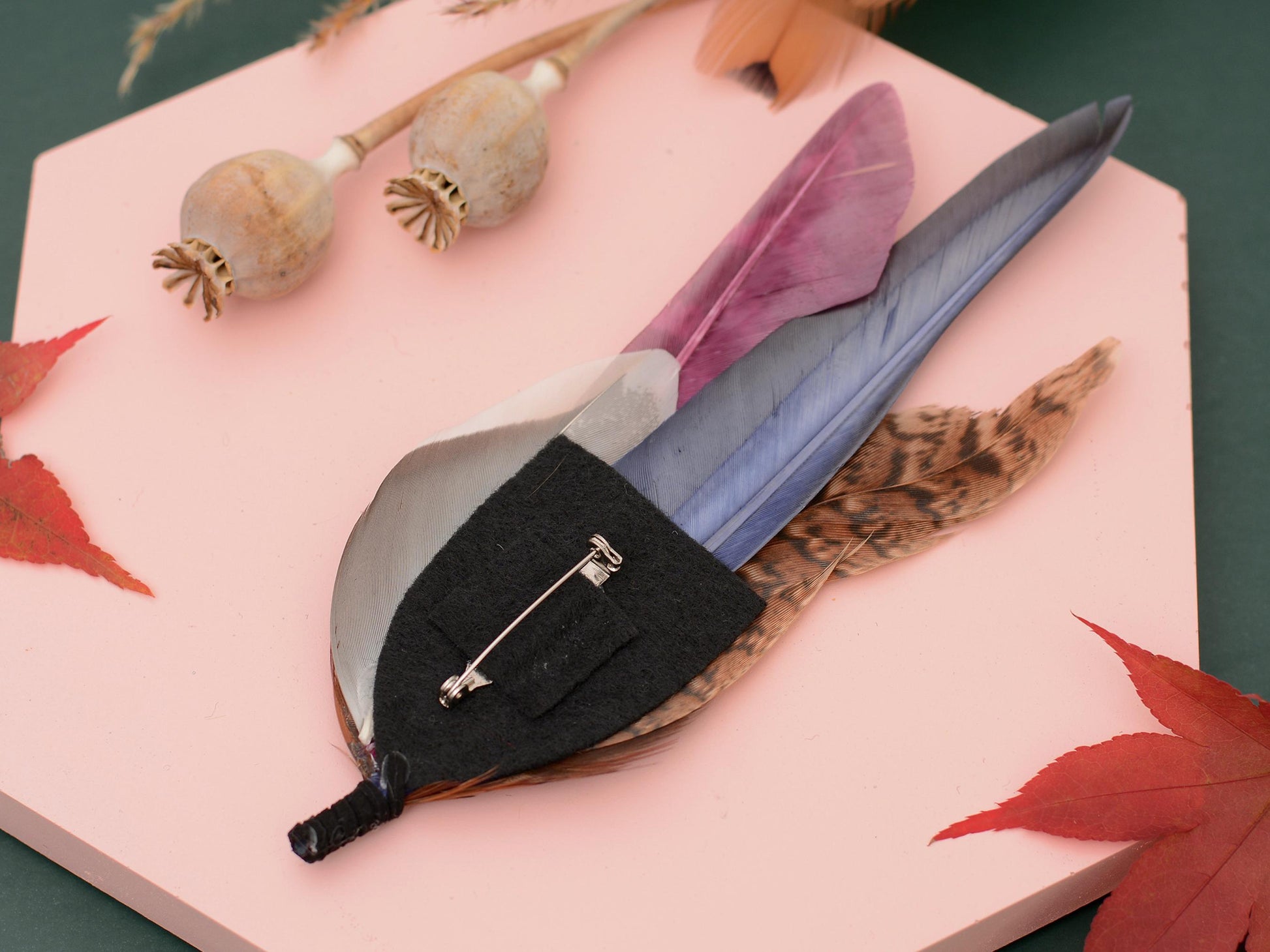 Feather Hat Pin in Plum and Burgundy No.311 | Pheasant Feather Boutonniere / Brooch