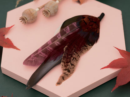 Feather Hat Pin in Plum and Burgundy No.311 | Pheasant Feather Boutonniere / Brooch