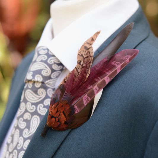 Feather Hat Pin in Plum and Burgundy No.311 | Pheasant Feather Boutonniere / Brooch