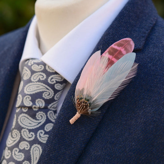 Feather Brooch Pin in Sage Green and Blush Pink | Pheasant Feather Boutonniere | Feather Hat Pin