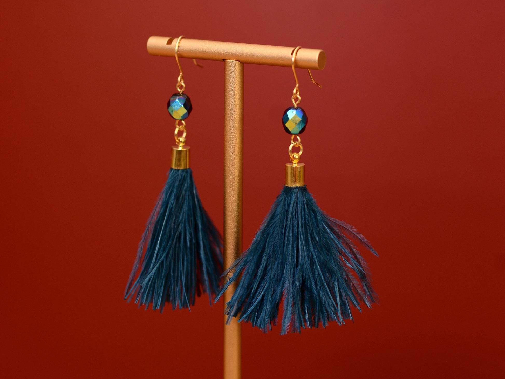 Navy Blue Ostrich Feather Tassel Earrings | Feather Jewellery | Long Earrings