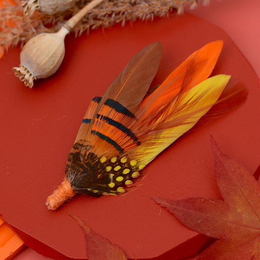 Feather Hat Pin Brooch in Fall Colours Yellow and Burnt Orange | Feather Boutonniere | Feather Brooch | Pheasant Feather Pin