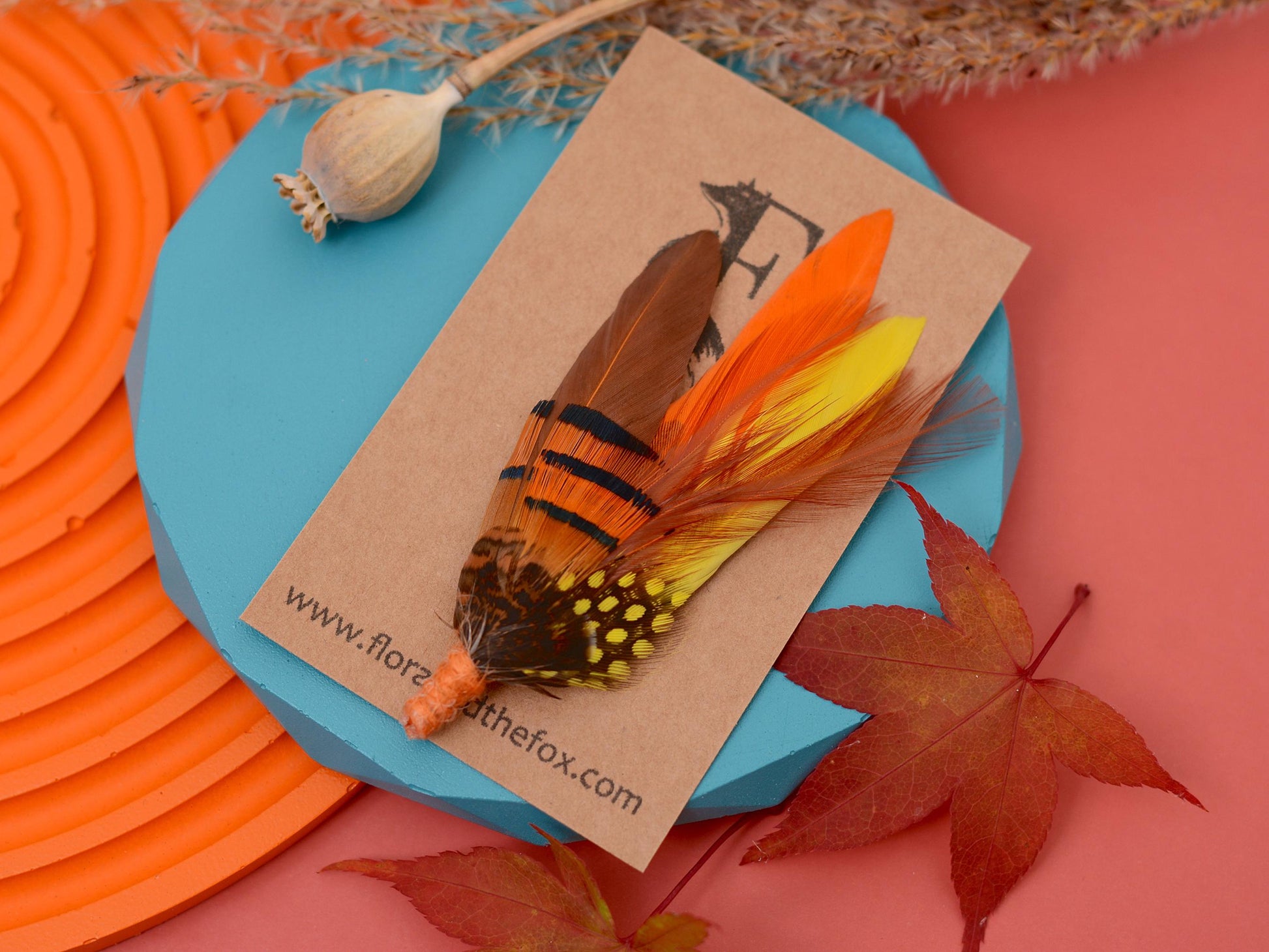 Feather Hat Pin Brooch in Fall Colours Yellow and Burnt Orange | Feather Boutonniere | Feather Brooch | Pheasant Feather Pin