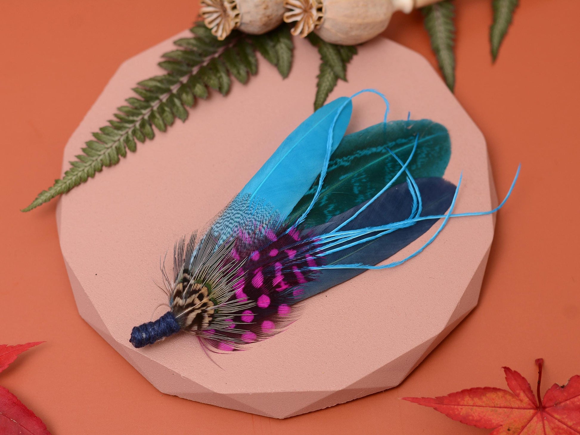 Turquoise Blue and Pink Feather Pin | Pheasant Feather Boutonniere | Feather Brooch | Feather Hat Pin