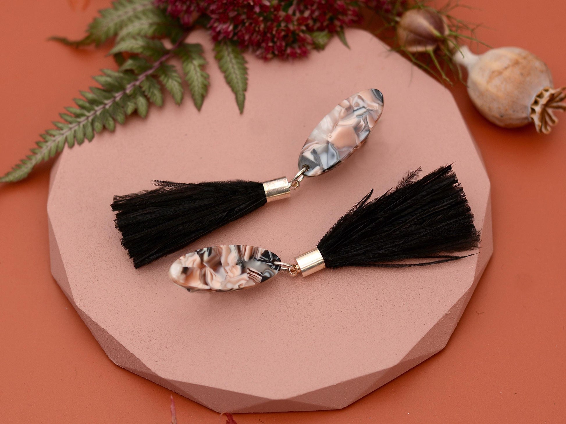 Black and Blush Pink Oval Acetate and Ostrich Feather Tassel Earrings
