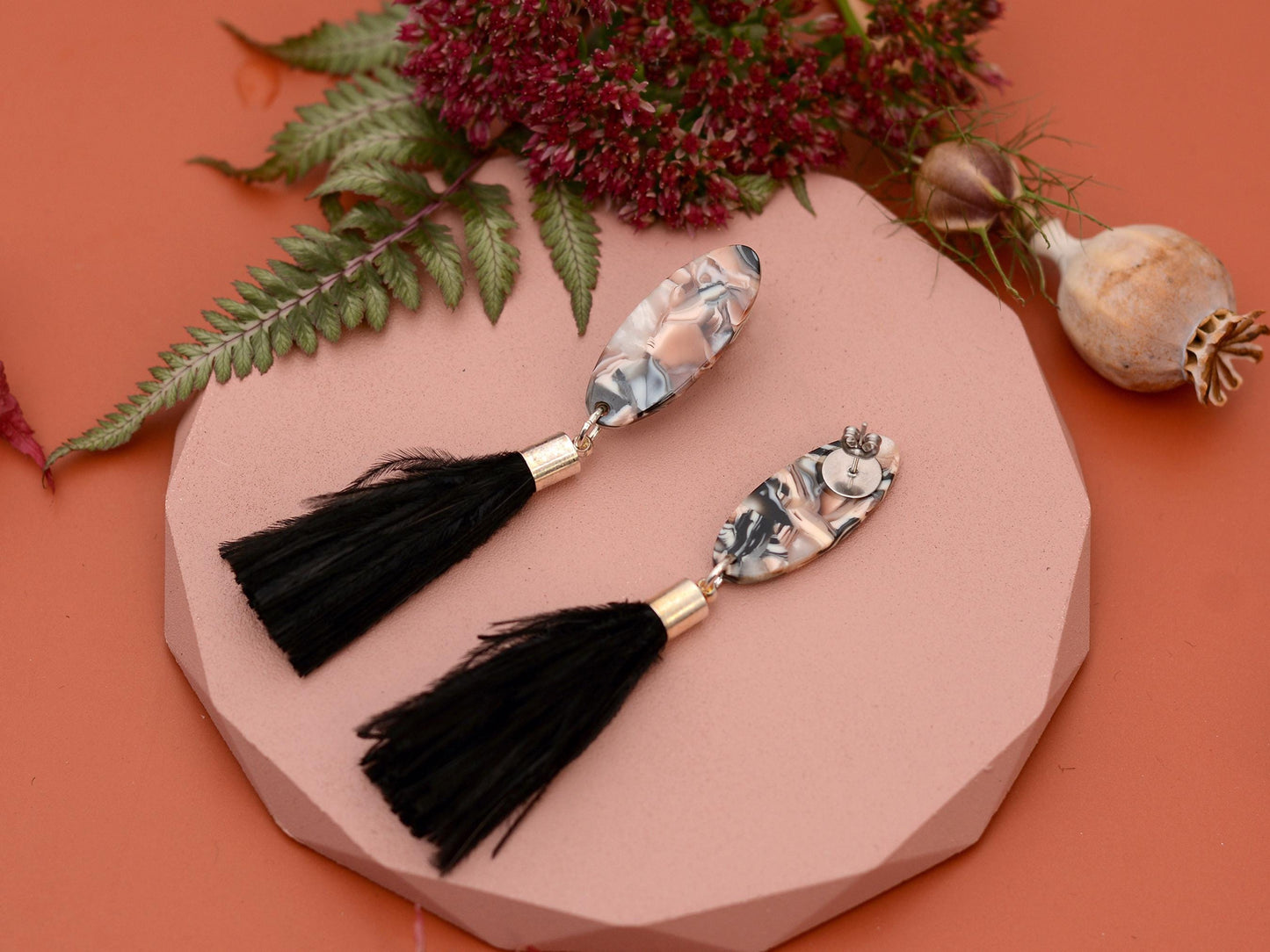 Black and Blush Pink Oval Acetate and Ostrich Feather Tassel Earrings