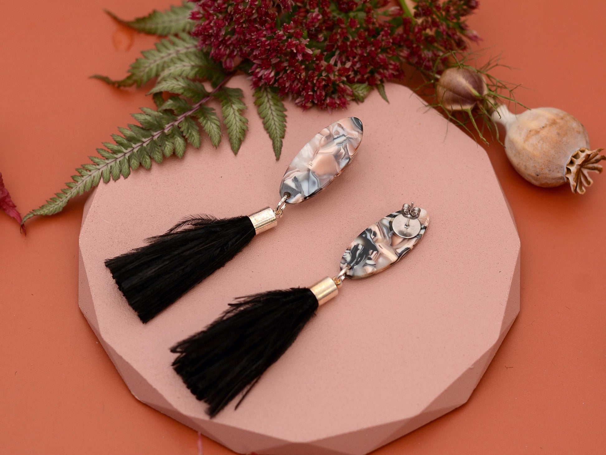 Black and Blush Pink Oval Acetate and Ostrich Feather Tassel Earrings