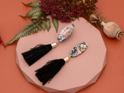 Black and Blush Pink Oval Acetate and Ostrich Feather Tassel Earrings