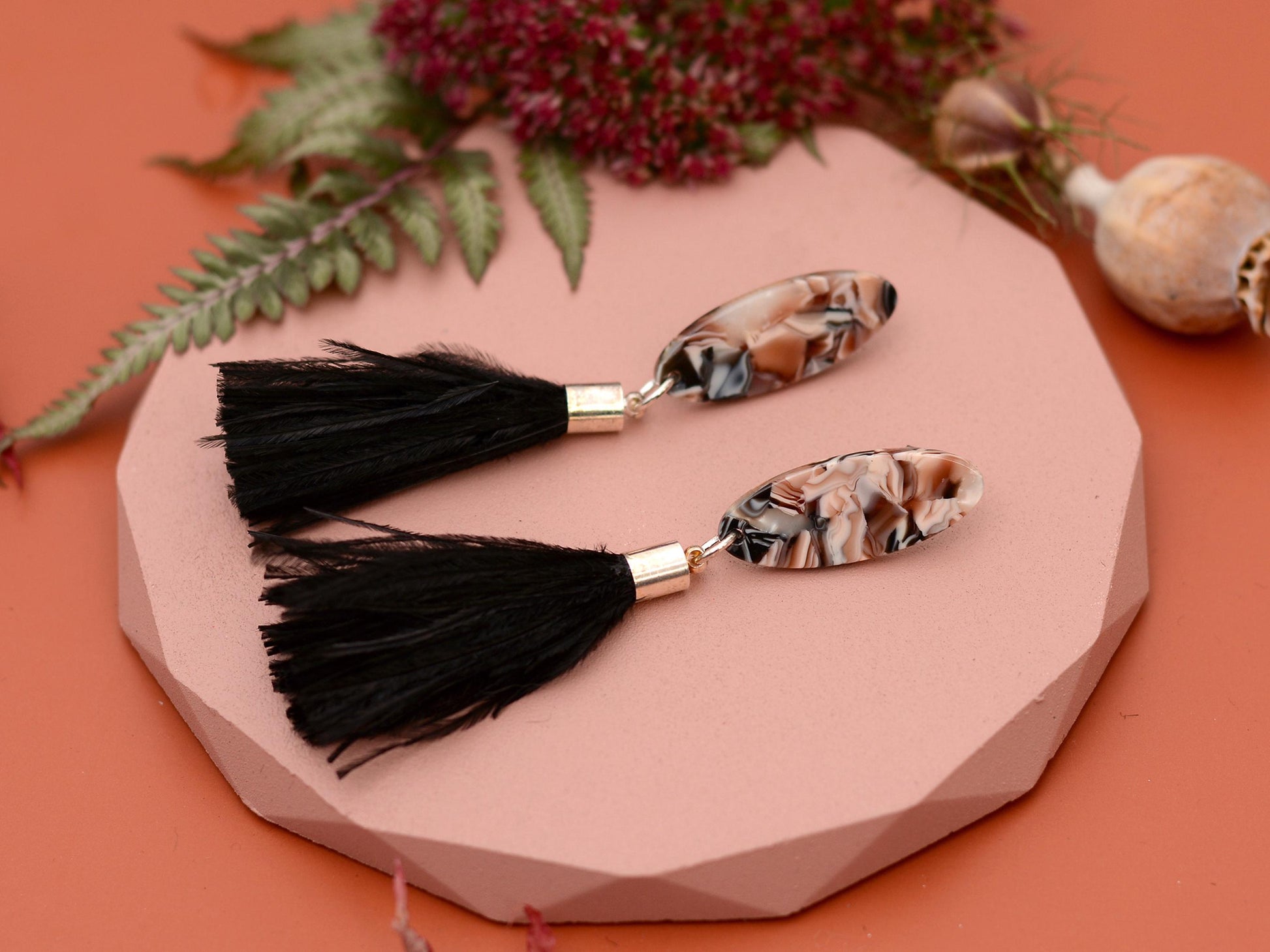 Black and Blush Pink Oval Acetate and Ostrich Feather Tassel Earrings