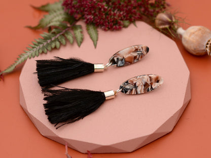 Black and Blush Pink Oval Acetate and Ostrich Feather Tassel Earrings