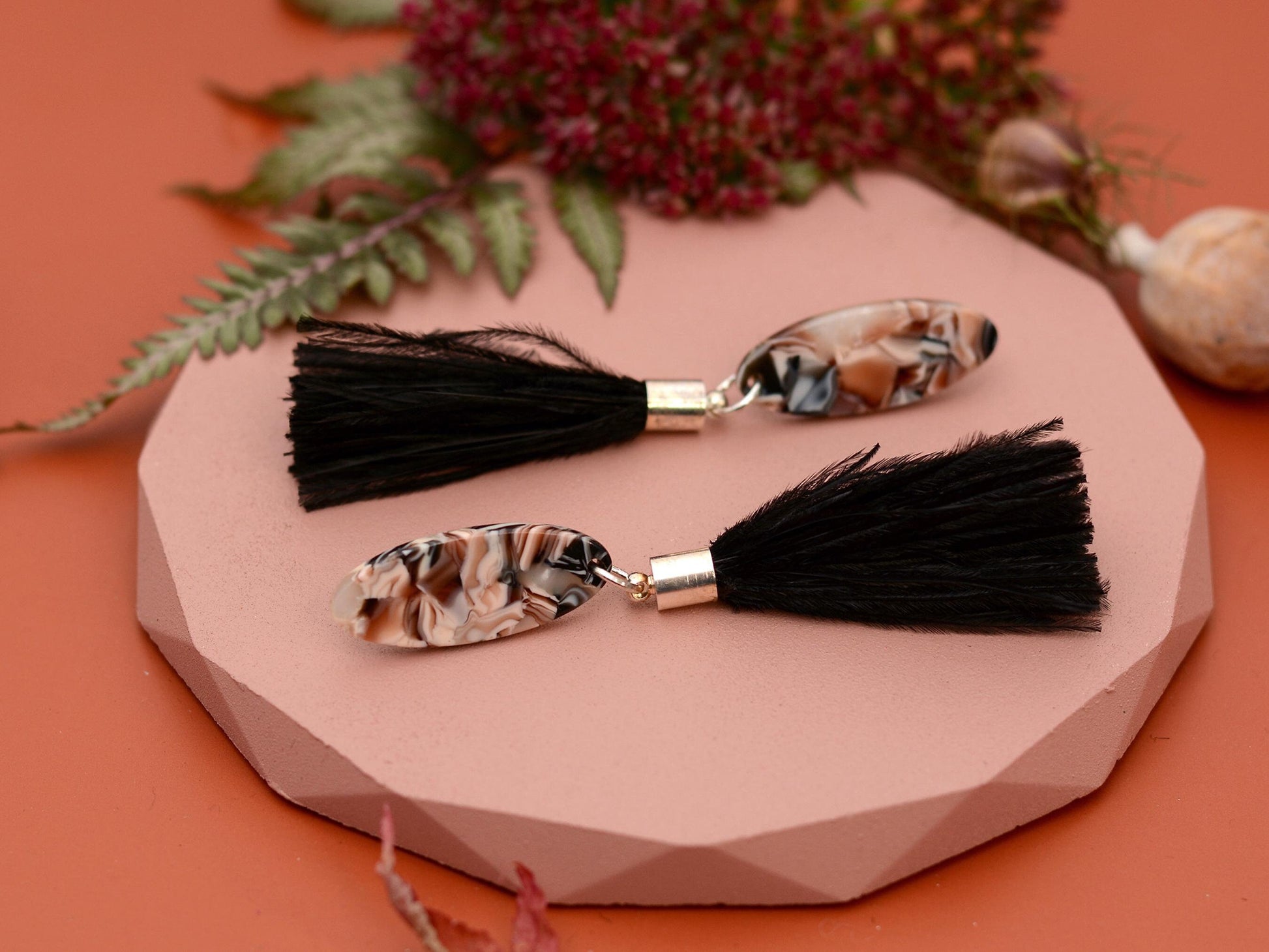 Black and Blush Pink Oval Acetate and Ostrich Feather Tassel Earrings