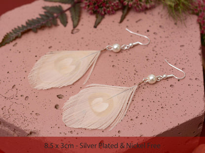 Hera - Pearl and Off- White Peacock Eye Feather Earrings