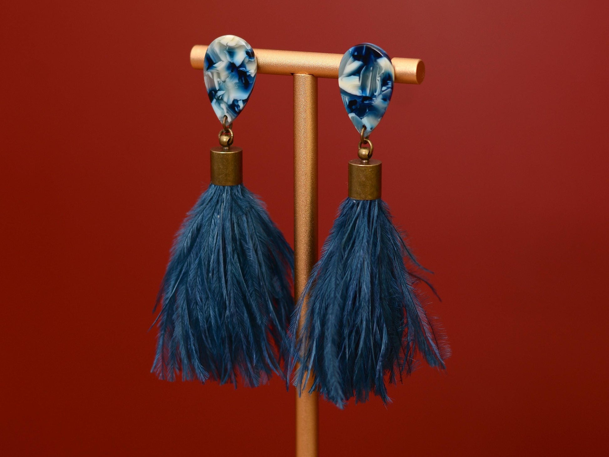 Navy Blue Acetate and Ostrich Feather Tassel Earrings | Festival Earrings | Feather Jewellery | Wedding Jewellery | Long Earrings