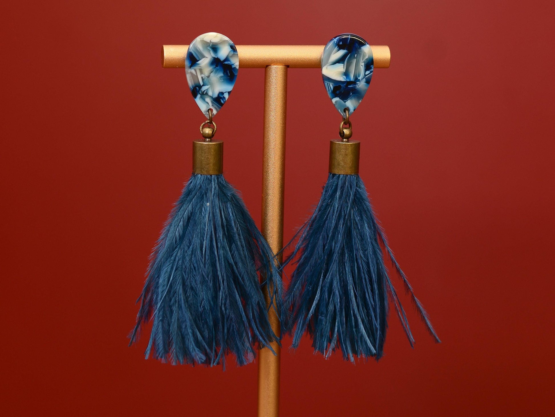 Navy Blue Acetate and Ostrich Feather Tassel Earrings | Festival Earrings | Feather Jewellery | Wedding Jewellery | Long Earrings