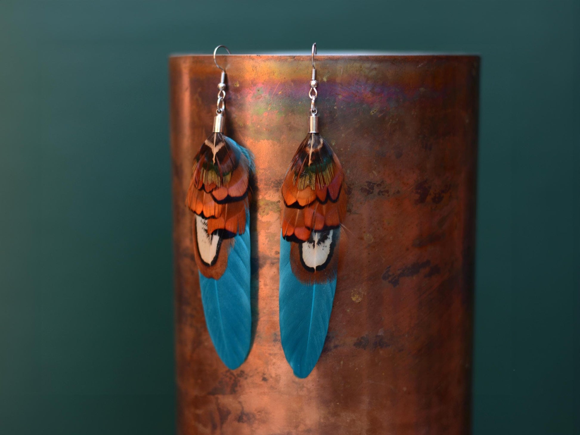 Teal and Copper Pheasant Feather Earrings | Festival Earrings | Feather Jewellery | Festival Jewellery | Drop Earrings