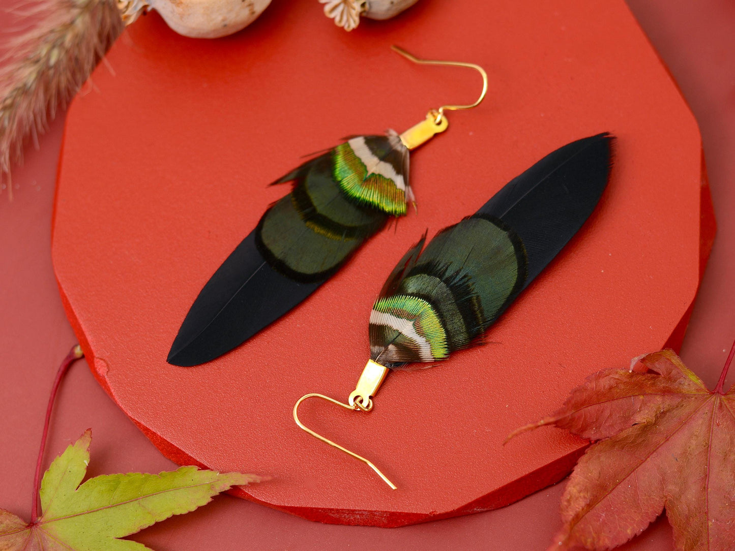 Black, Green and Gold Feather Earrings | Festival Earrings | Feather Jewellery | Festival Jewellery | Drop Earrings