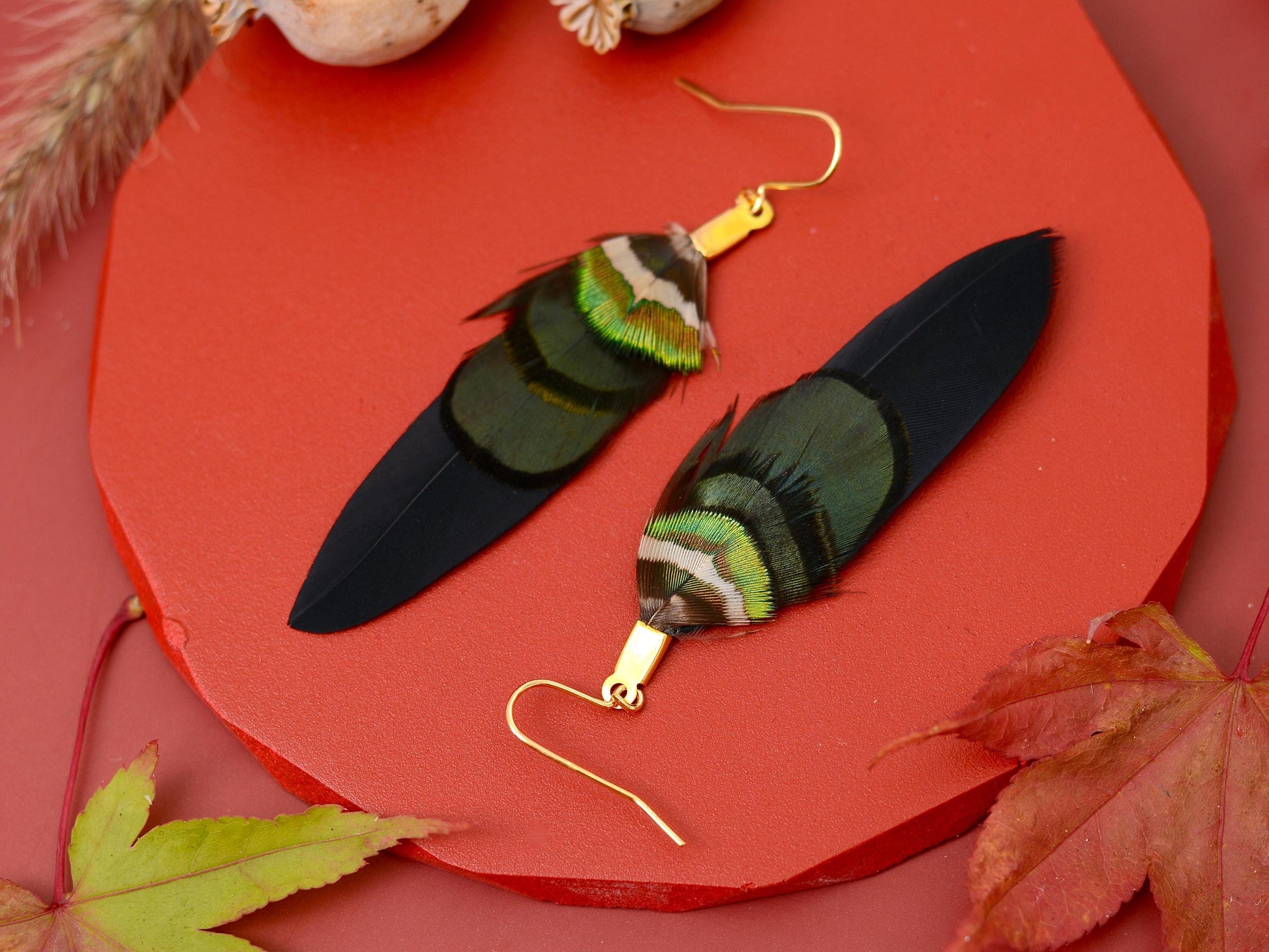 Black, Green and Gold Feather Earrings | Festival Earrings | Feather Jewellery | Festival Jewellery | Drop Earrings