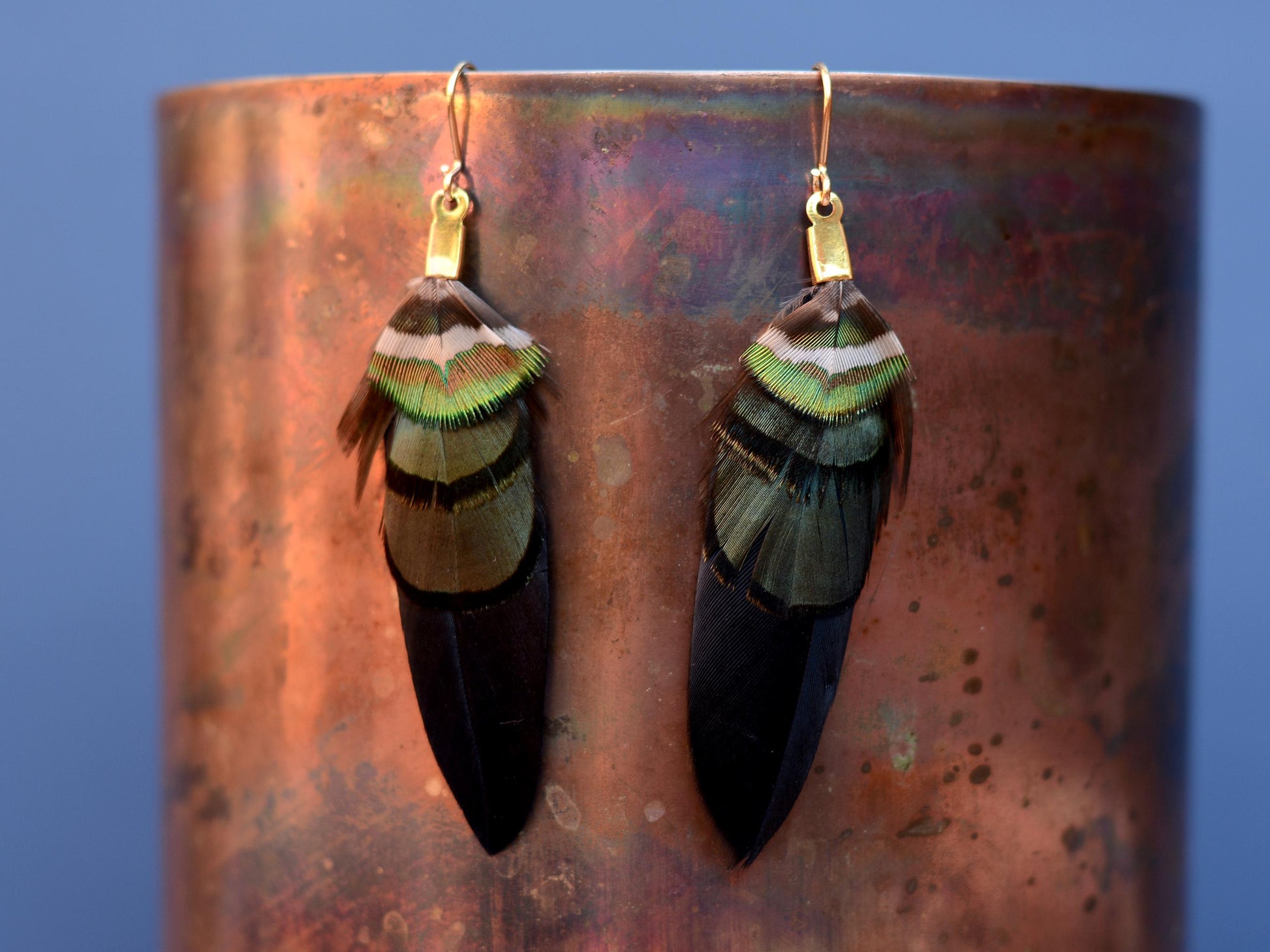 Black, Green and Gold Feather Earrings | Festival Earrings | Feather Jewellery | Festival Jewellery | Drop Earrings
