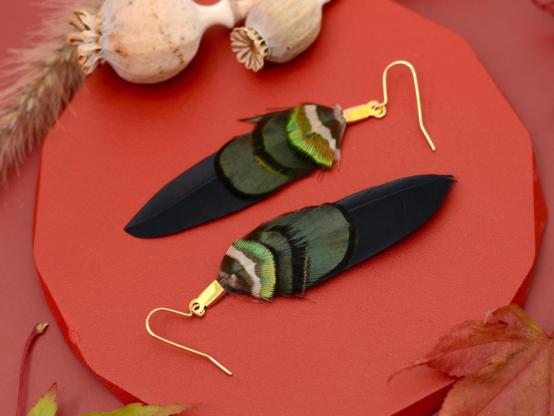 Black, Green and Gold Feather Earrings | Festival Earrings | Feather Jewellery | Festival Jewellery | Drop Earrings