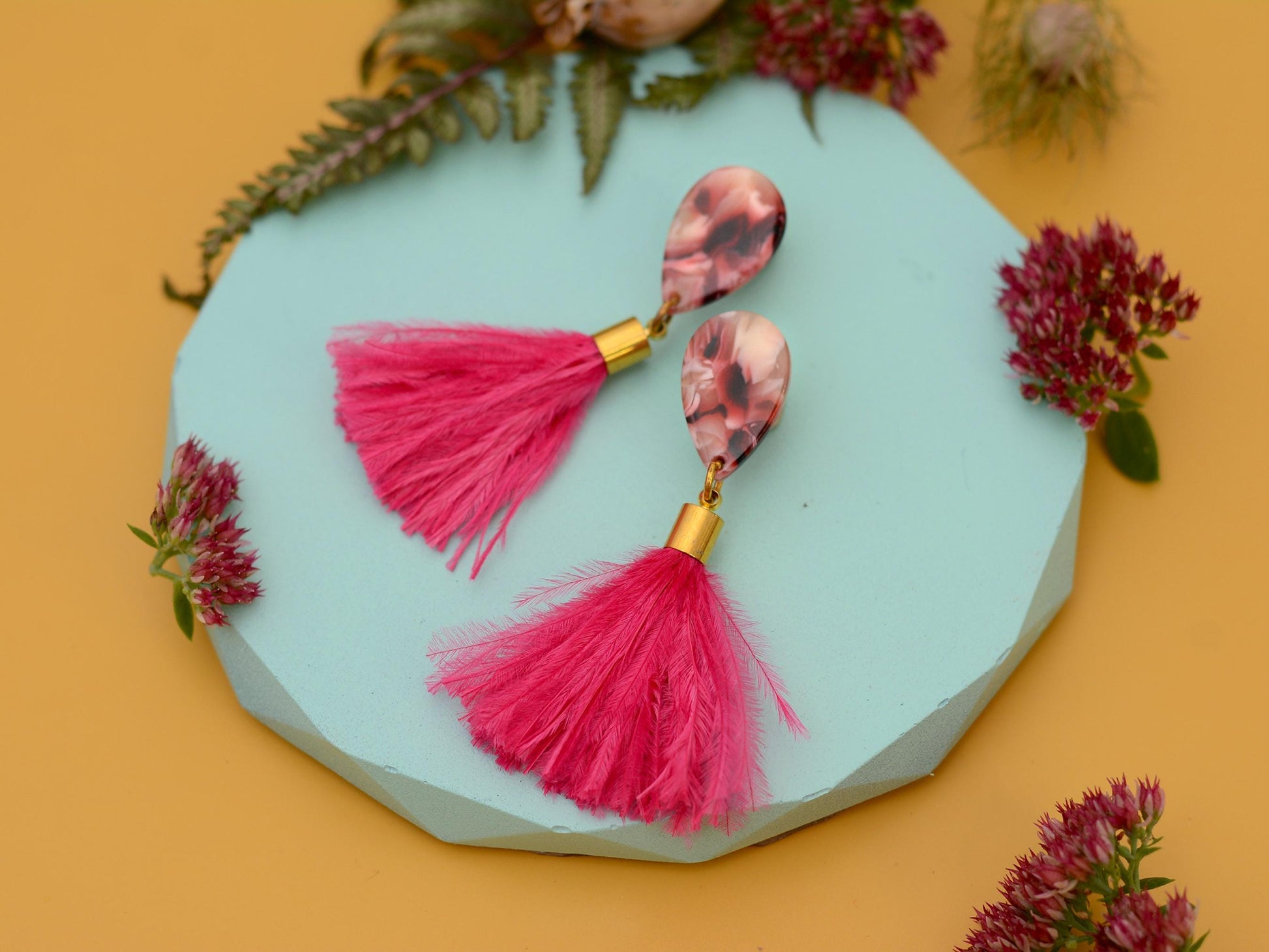 Hot Magenta Pink Ostrich Fluffy Feather Tassel Earrings