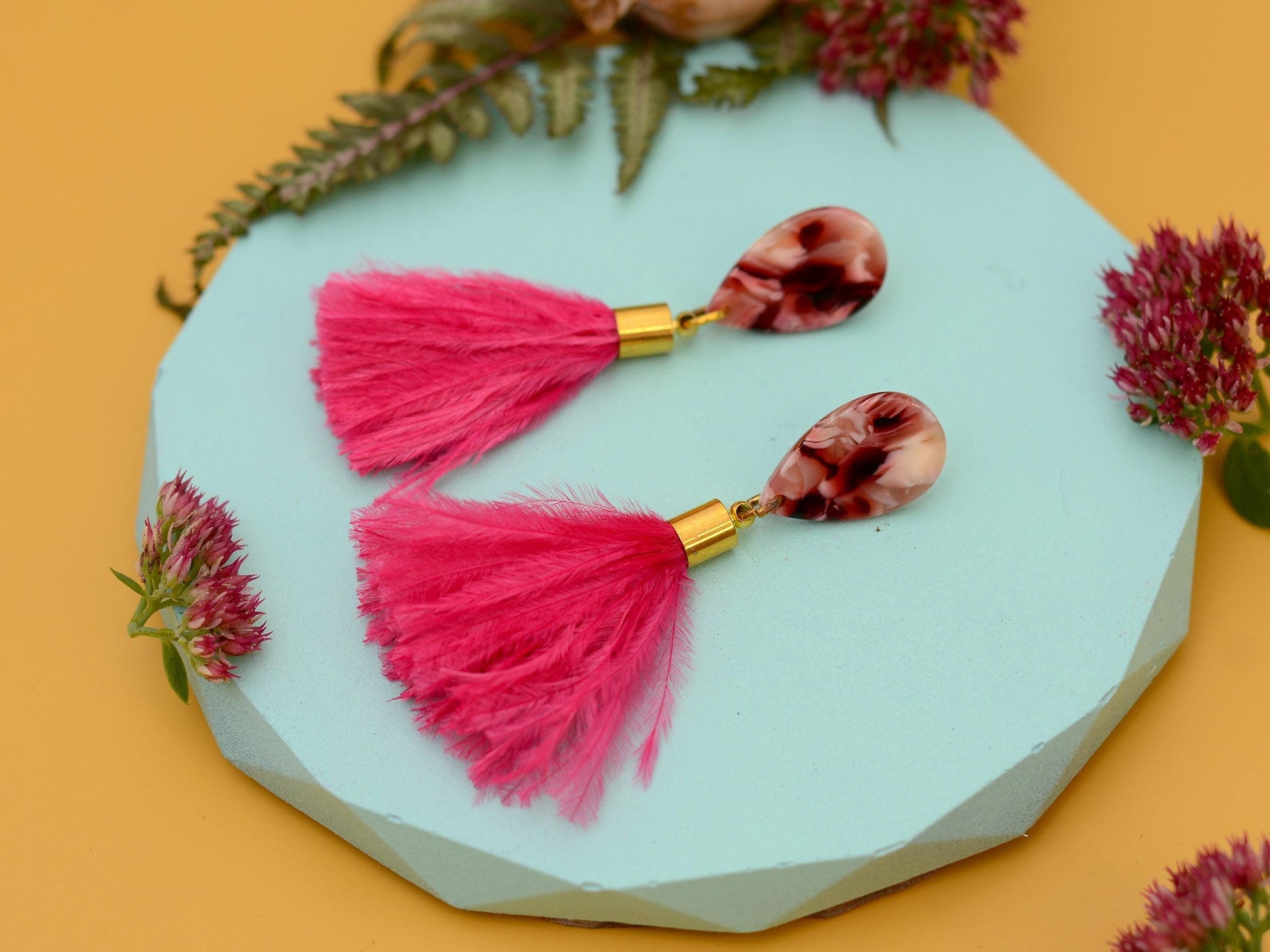 Hot Magenta Pink Ostrich Fluffy Feather Tassel Earrings