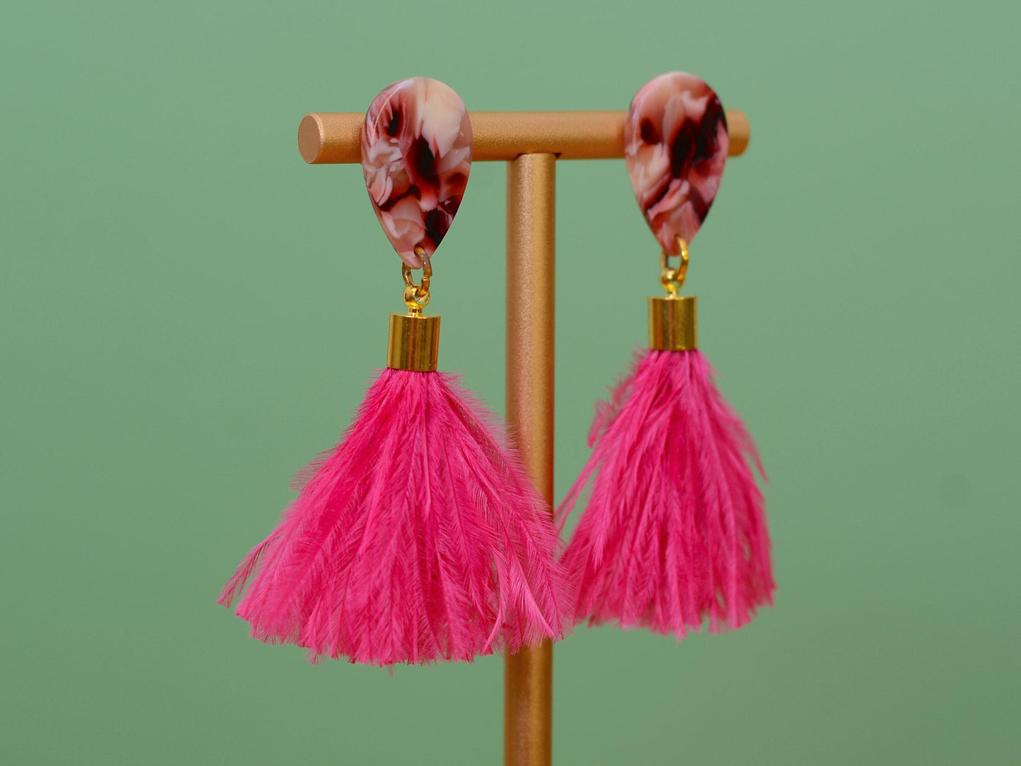 Hot Magenta Pink Ostrich Fluffy Feather Tassel Earrings