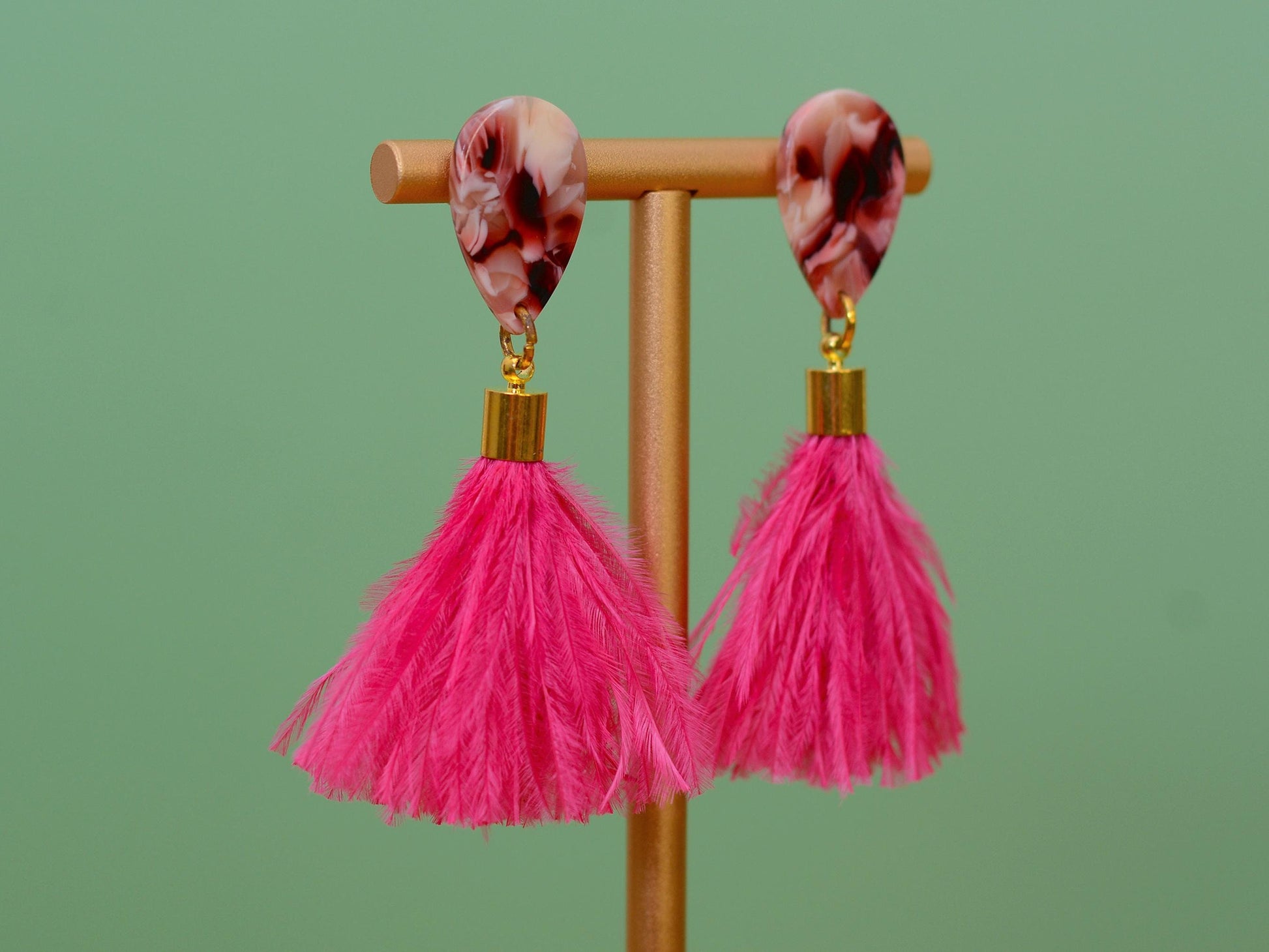 Hot Magenta Pink Ostrich Fluffy Feather Tassel Earrings