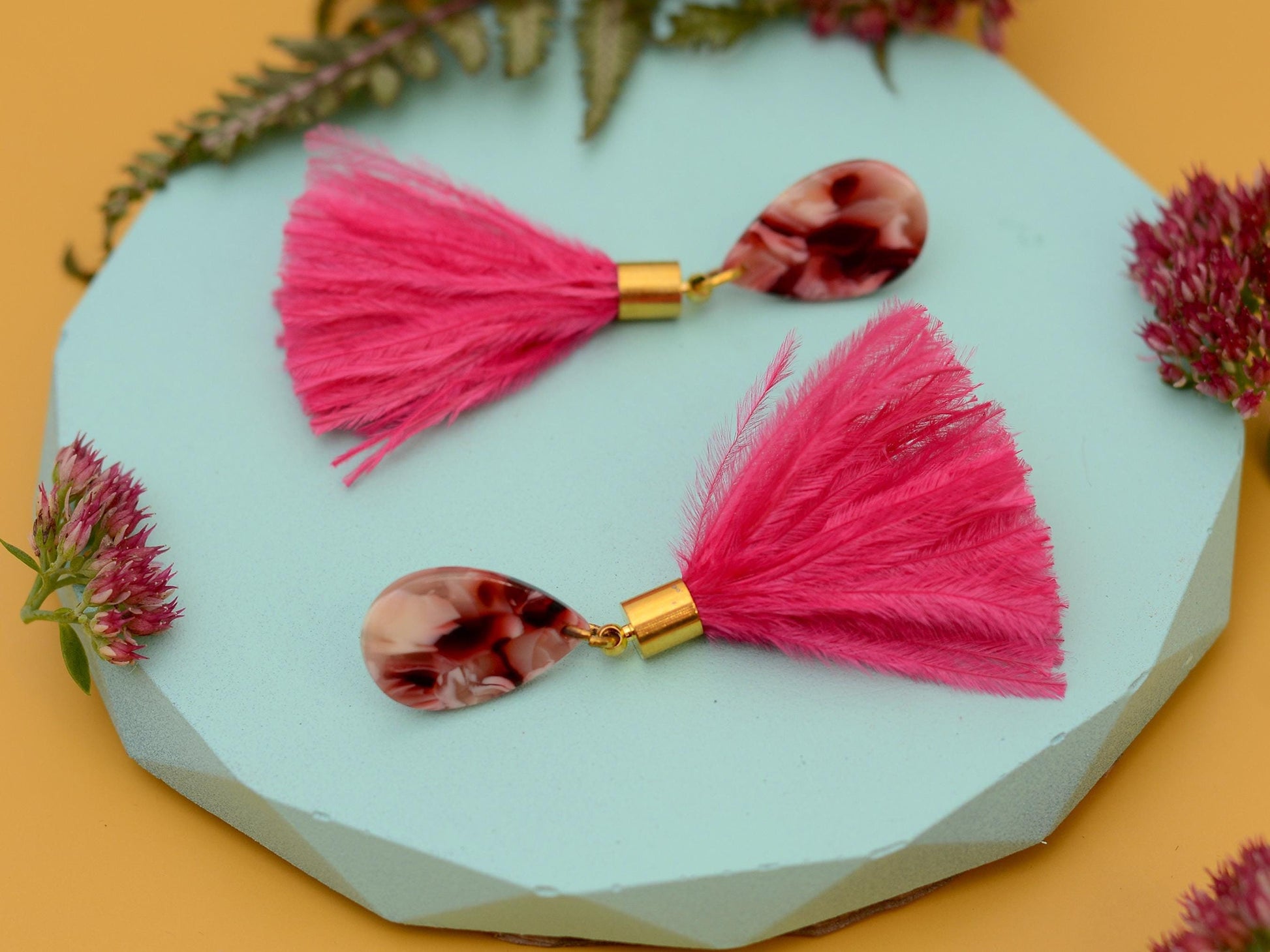 Hot Magenta Pink Ostrich Fluffy Feather Tassel Earrings