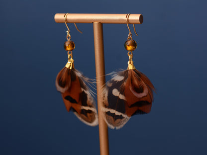 Pheasant Tassel Feather Earrings with Amber Glass Bead | Festival Earrings | Feather Jewellery | Festival Jewellery