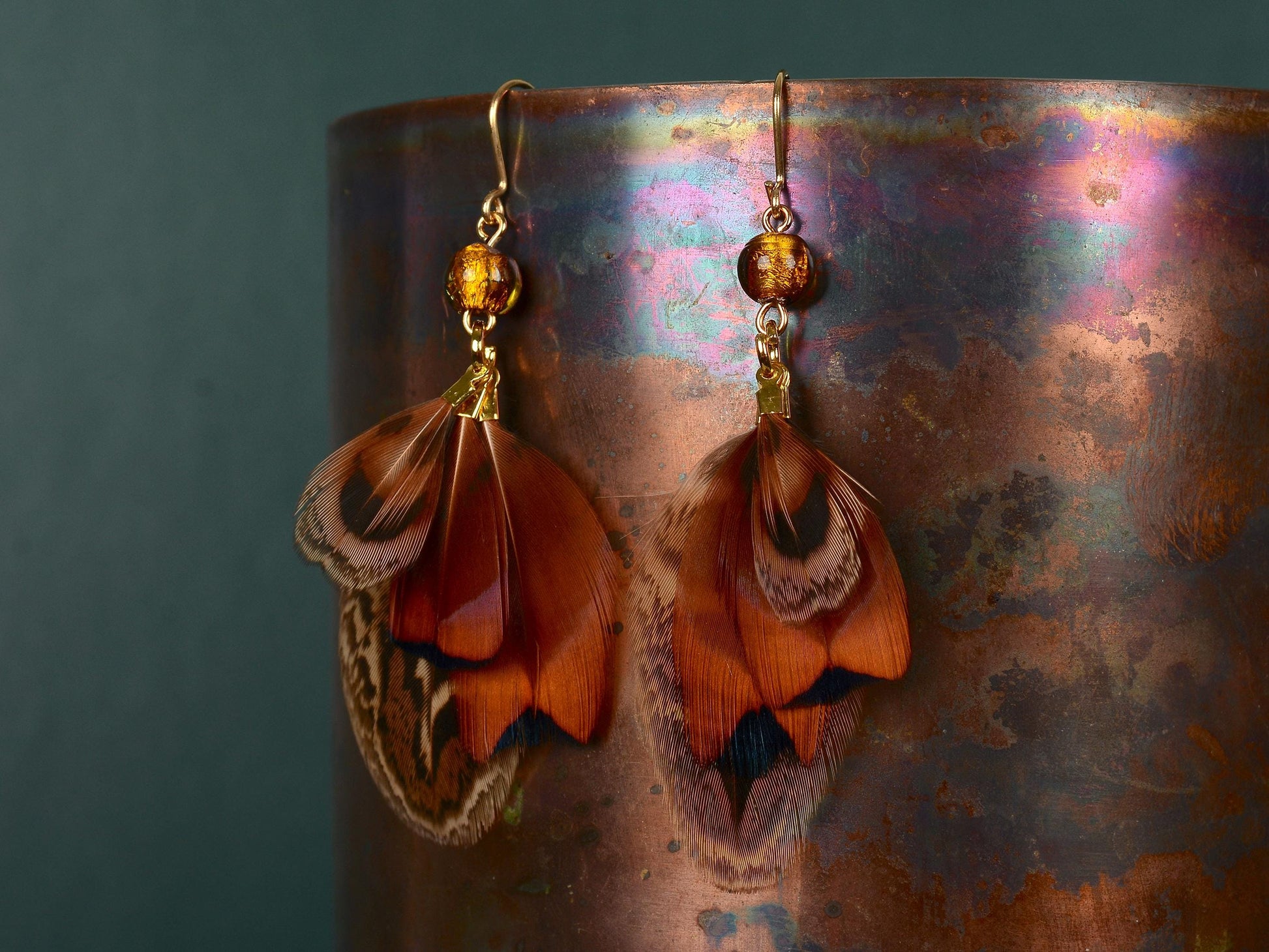 Pheasant Tassel Feather Earrings with Amber Glass Bead | Festival Earrings | Feather Jewellery | Festival Jewellery