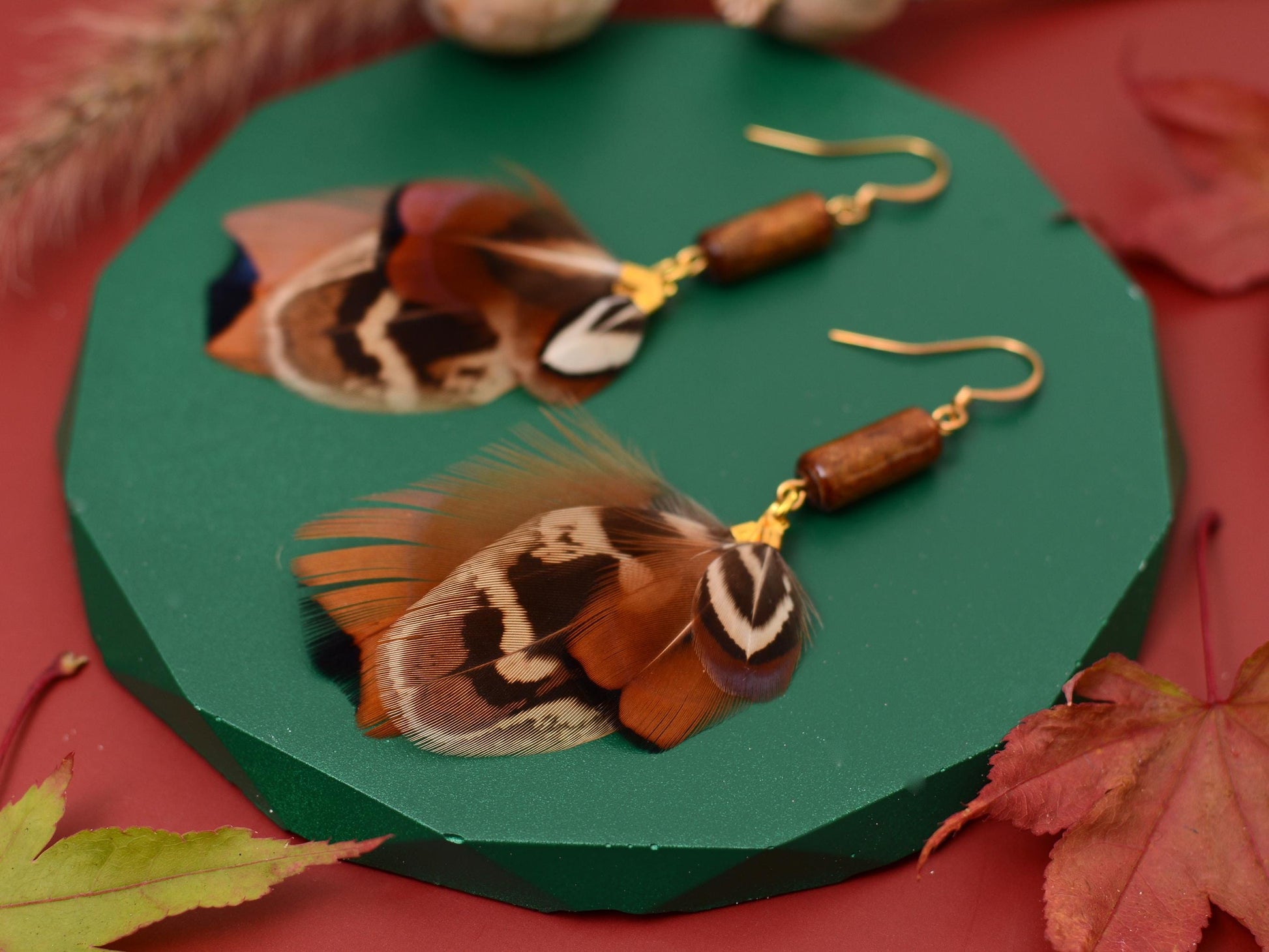 Pheasant Tassel Feather Earrings with Vintage Glass Tube Bead | Festival Earrings | Feather Jewellery | Festival Jewellery